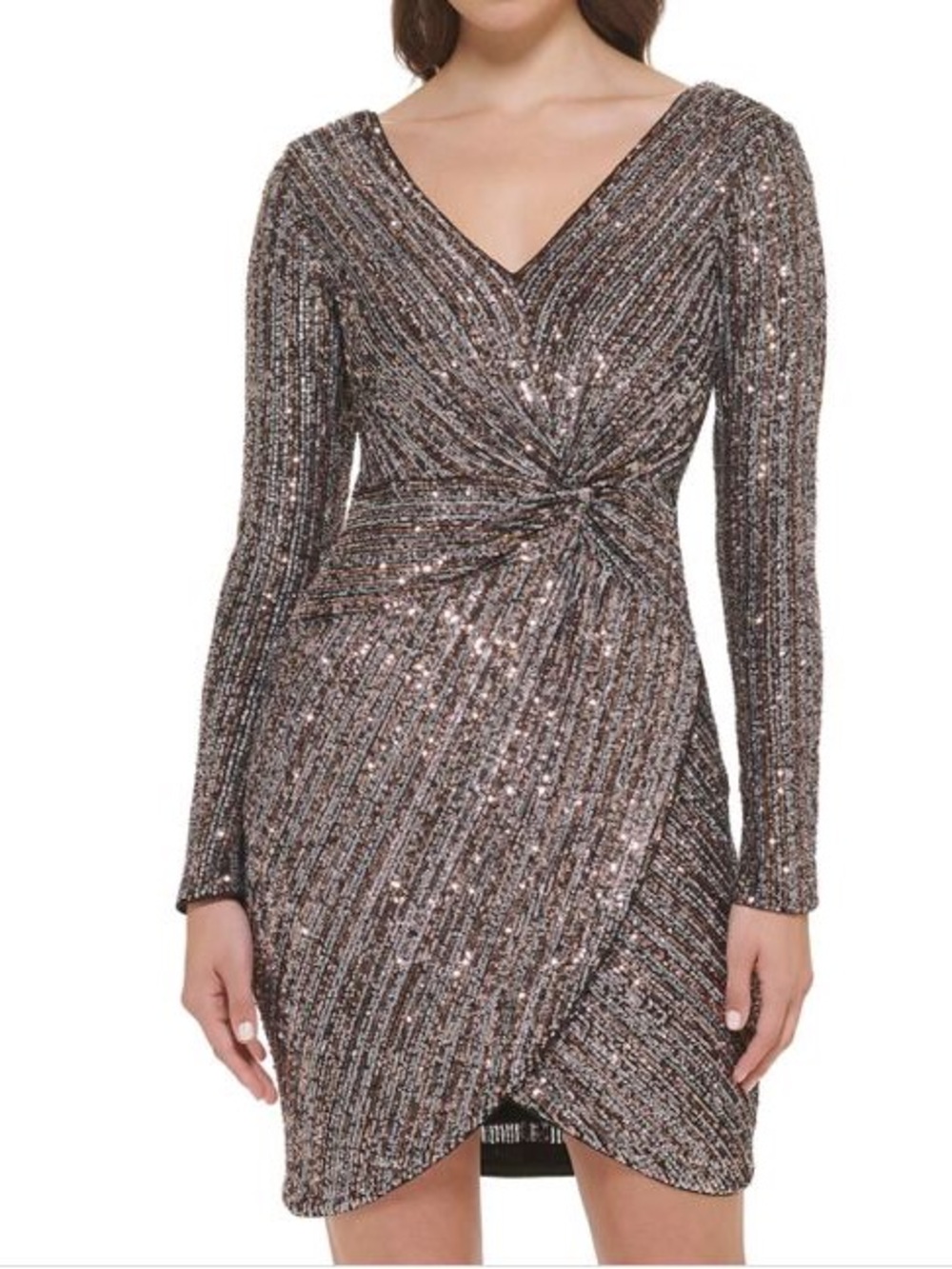 GUESS Rose Gold Sequin Twist-Front Long Sleeve Dress